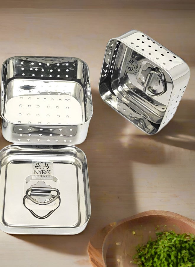 Nyra Kitchenware Steel 2 Pieces Stainless Steel Colander Strainers With Top Press Lids - Image 1